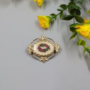 Elegant Gold Floral Handmade Cross Stitch Floral Brooch